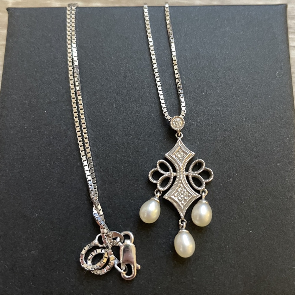 14k White Gold Diamond Pearl Cross Pendent Cube Link Necklace 17" Italy